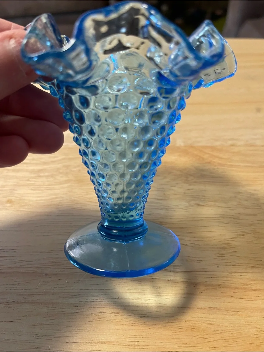 Vintage Fenton Blue Ruffled Edge Hobnail Glass Small Pedestal Vase